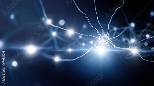 Glowing neuron network with magnesium crystals pulsing at synaptic junctions.