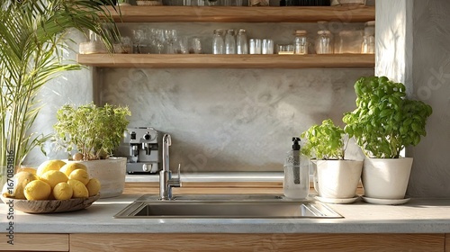Sunlight streaming through windows highlights a modern kitchen adorned with fresh herbs, vibrant lemons, and natural elements, fostering a warm and inviting ambiance perfect for culinary creativity