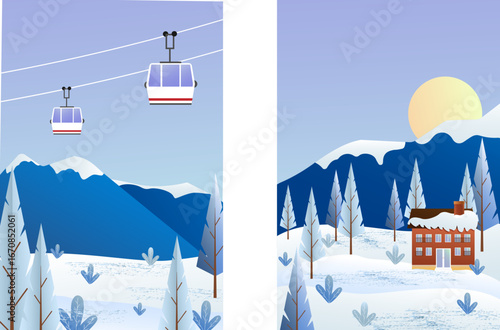 Winter landscape illustrations. Snowy mountains, cable car with cabins and trees. Ski resort illustration for travel design. Flat vector set. 