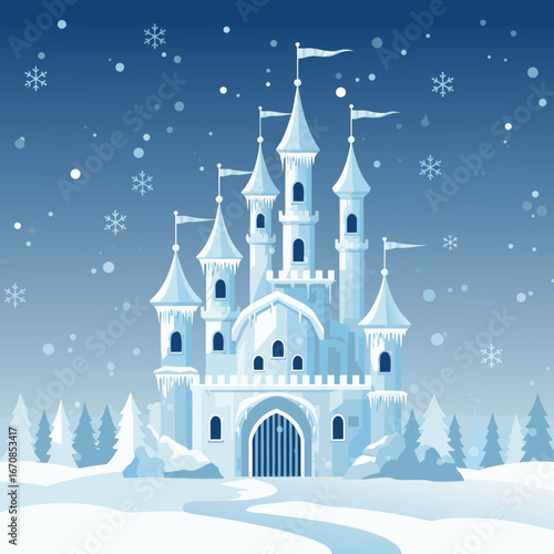 Ice castle with frozen ornaments, winter wonderland, snow, blue and white colors, fantasy concept, vector