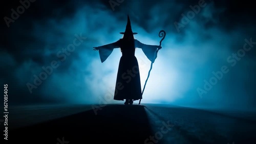 Silhouette of a witch holding a staff against a smoky blue background
