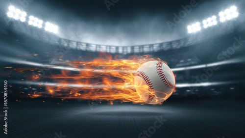 A fiery baseball flying fast through the air in a stadium at night, a powerful and exciting image symbolizing sports, speed, and competition