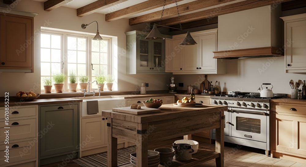 Fototapeta premium Bright, modern farmhouse kitchen with rustic charm and abundant natural light.