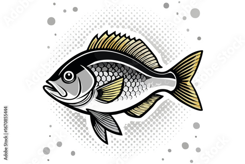 水玉背景に映えるシックな魚のデザインベクターイラスト