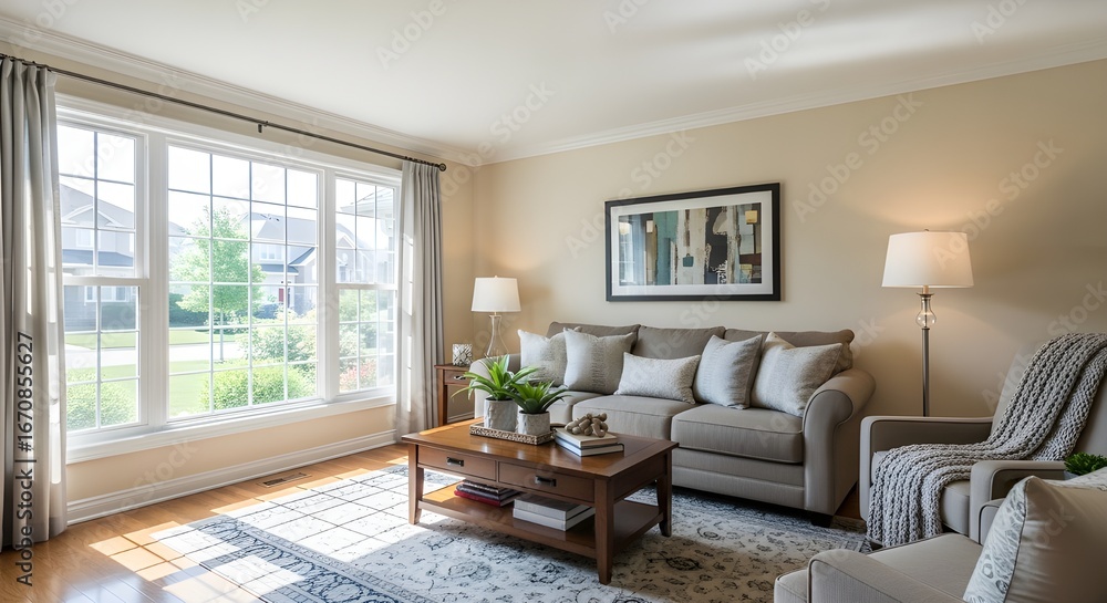 Fototapeta premium Inviting living room with large windows, comfortable sofa, and modern decor bathed in natural light