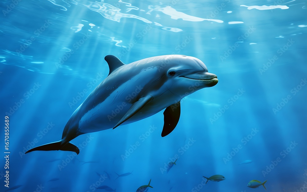 Obraz premium A majestic dolphin swims gracefully through clear blue ocean water with sunbeams filtering from above