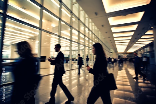 Silhouettes of business people walking through a modern office building lobby