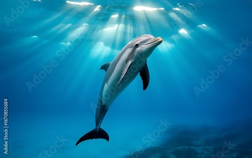 A graceful dolphin swims upwards towards the light in clear blue ocean water
