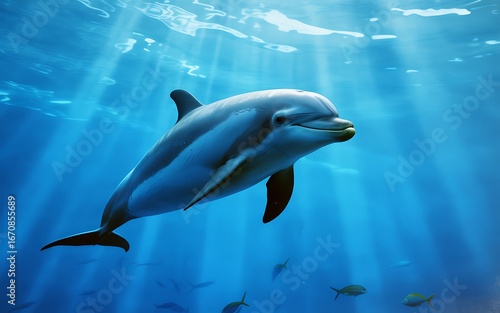 A majestic dolphin swims gracefully through clear blue ocean water with sunbeams filtering from above