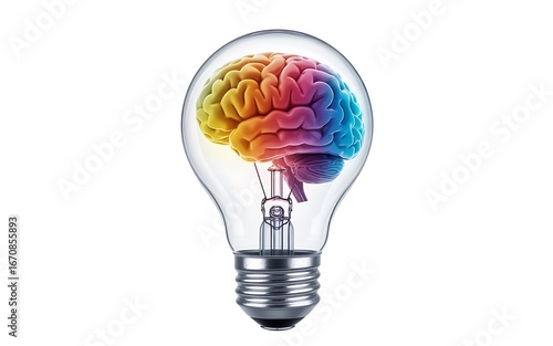 Colorful human brain inside a light bulb symbolizing ideas and innovation