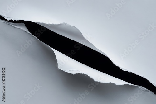 Diagonal rip in white paper revealing dark background with rough edges
