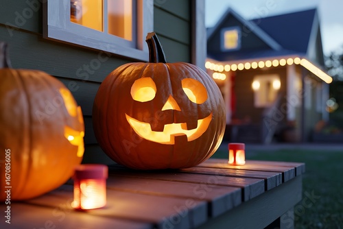 Jack o lanterns glowing on a porch at dusk with house lights