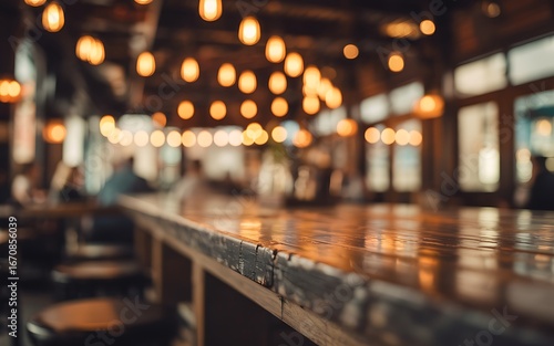 Warmly lit bar with wooden counter and hanging lights creating a cozy atmosphere