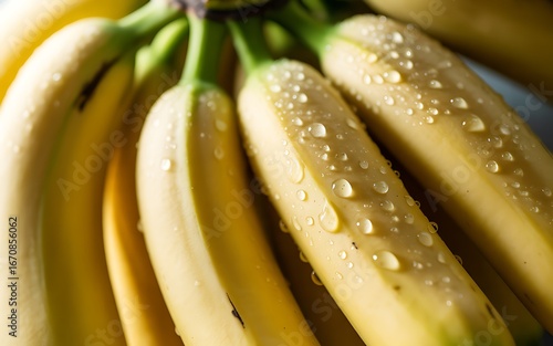 Close up of a bunch of fresh bananas with water droplets