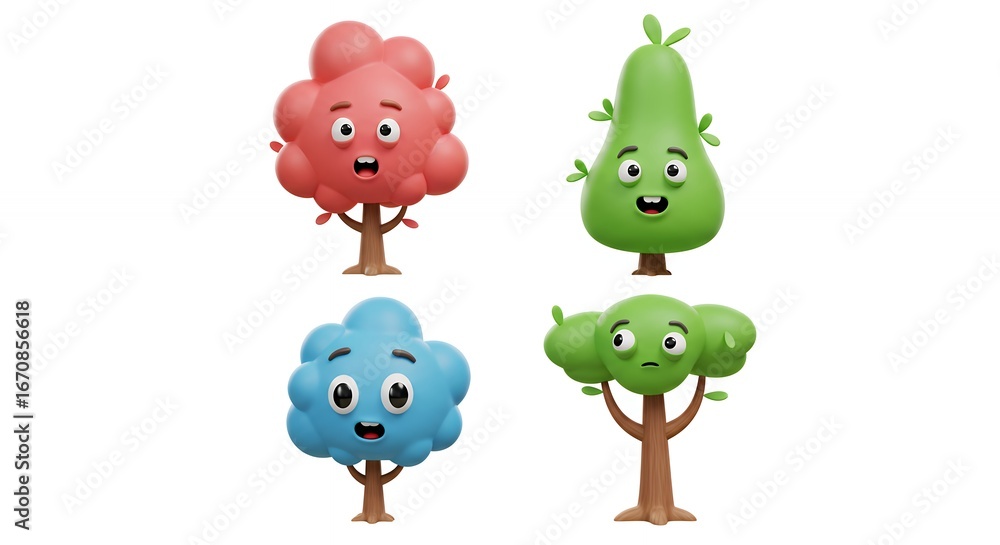 Obraz premium Four colorful cartoon trees with expressions