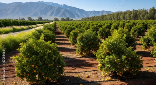 Lush orange grove bursting with ripe fruit under a clear blue sky with distant mountains
