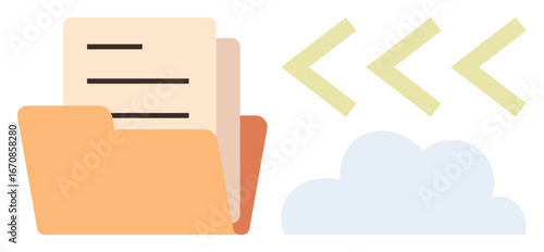 Open folder holding documents with arrows pointing to a cloud symbolizing file transfer, sharing, and storage. Ideal for data management, cloud computing, teamwork, backup, collaboration, digital