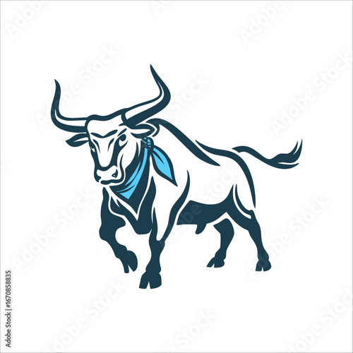 Charging Bull Silhouette with Red Scarf, San Fermin San Fermin Pamplona Silhouette of a charging bull with a red scarf around its horns