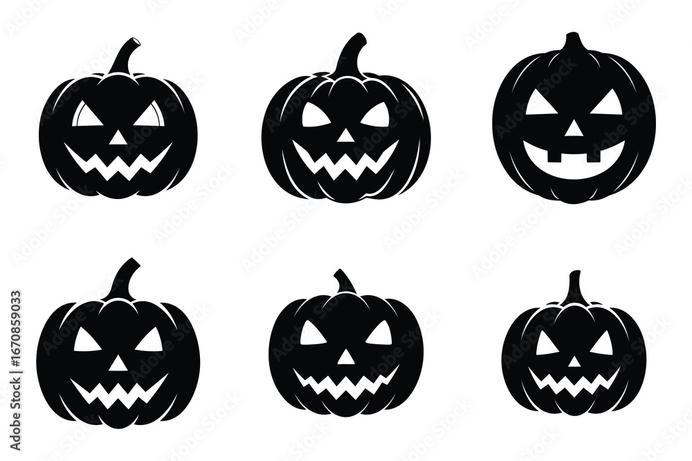 A spooky set of carved orange pumpkins with scary faces, perfect for a fun Halloween celebration A spooky set of carved orange pumpkins with scary faces, perfect for a fun Halloween celebration