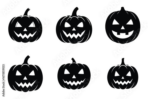 A spooky set of carved orange pumpkins with scary faces, perfect for a fun Halloween celebration