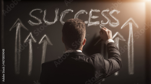 Person in suit writes word SUCCESS on chalkboard, surrounded by upward arrows symbolizing growth and achievement. scene conveys motivation and ambition in professional setting