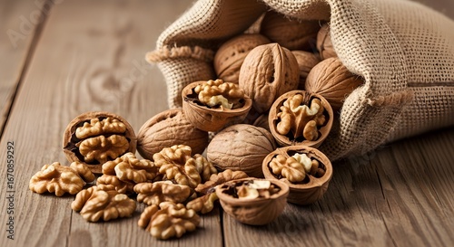 Fresh, natural walnuts spilling from a burlap sack onto a rustic wooden table, a healthy snack bounty