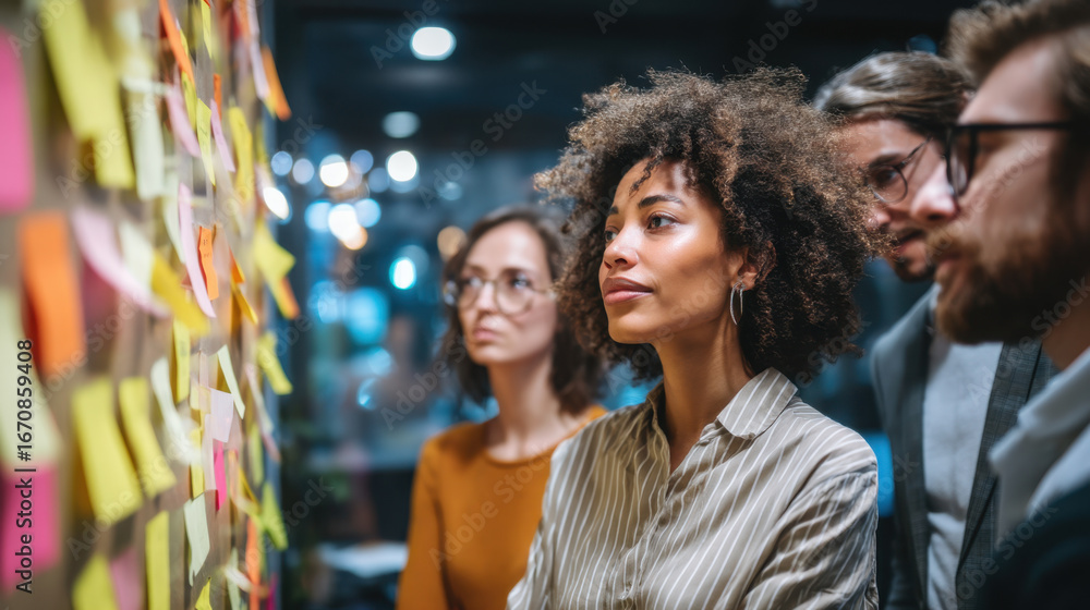 Fototapeta premium Creative professionals collaborate in modern workspace, analyzing colorful sticky notes on wall. Their focused expressions reflect teamwork and innovation in dynamic environment