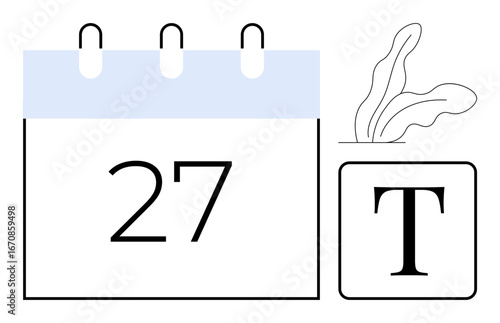 Calendar page with date 27, abstract plant leaf, and typography block. Ideal for planning, design, creativity, time management, minimalism modern aesthetics organization. Clean flat metaphor