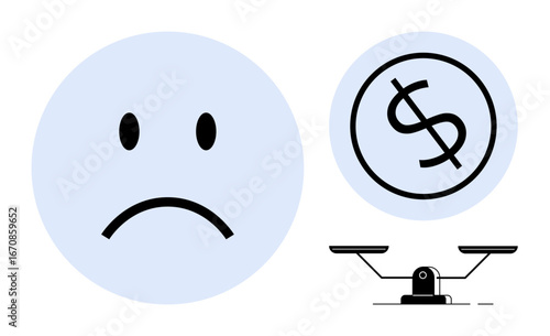 Sad face symbolizing dissatisfaction, dollar sign denoting money, and scales indicating imbalance. Ideal for economics, finance, poverty, inequality, budgeting debt decision-making. Simple flat