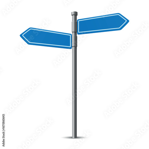 Vector Blank Blue Road Sign Post with Two Empty Directional Arrows, Isolated. Street Signage Template. Empty Guidepost for Navigation. Direction Board for Text, Message, Vector Illustration