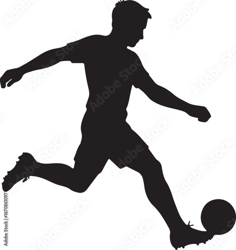 Black silhouette of a male soccer player kicking a ball football