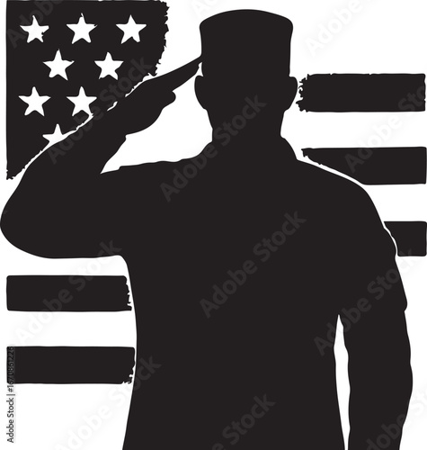 Silhouette of a soldier saluting in front of a distressed American flag military salute