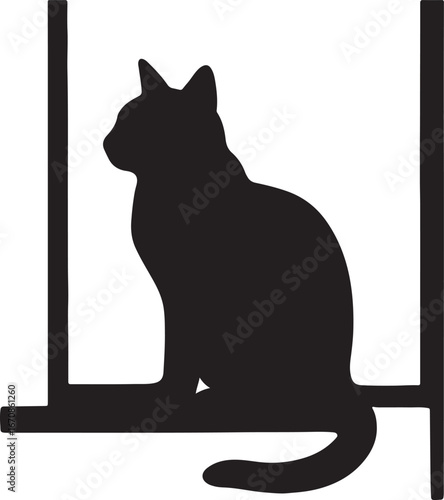 Black silhouette of a cat sitting on a horizontal bar between two vertical bars animal