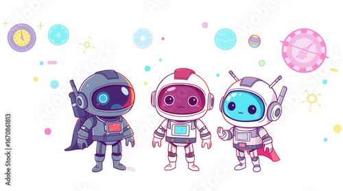 Three animated space characters with unique outfits gather in a vibrant cosmic setting surrounded by stars planets and playful elements showcasing creativity