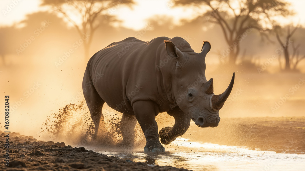 Fototapeta premium White rhinoceros running through a river at sunset. Powerful endangered animal splashing in muddy water in a dusty, backlit scene.