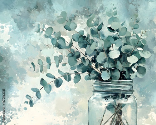 Abstract Eucalyptus Branches in Glass Jar Teal Painting