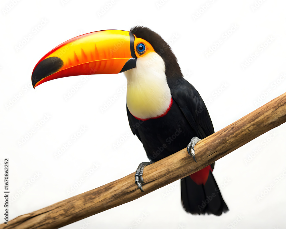 Obraz premium A colorful toucan perched on a branch against a plain white background in a studio setting light