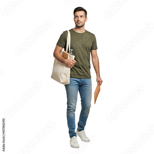 Young Man Walking, Carrying Books, Water Bottle, and Folder - Lifestyle Stock Photo