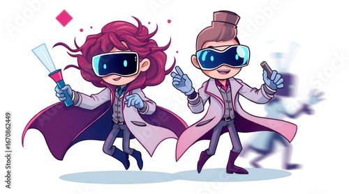 Two animated characters wearing lab coats and oversized goggles joyfully run with a science tool and a smartphone while a shadowy figure lurks behind them