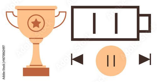 Trophy for success, battery half-charged for energy, and media controls for direction. Ideal for achievement, motivation, energy, productivity, balance priorities focus. Simple flat metaphor