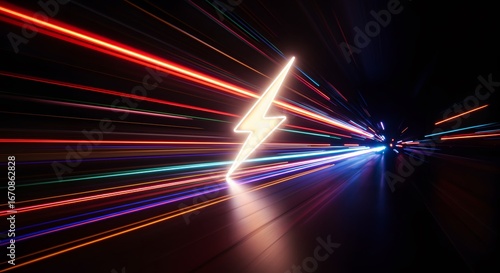 A stunning neon lightning bolt with vibrant streaks of light, conveying the essence of power and energy