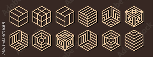 Set of laser cut hexagon shape coaster templates with geometrical ornament. Cnc cutting with metal, wood, paper, glass, leather, engraving. Abstract geometric decorative panel design