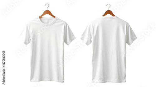 Simple white t shirt is hanging on a wooden hanger showcasing its front and back design ideal for apparel marketing or customization presentations