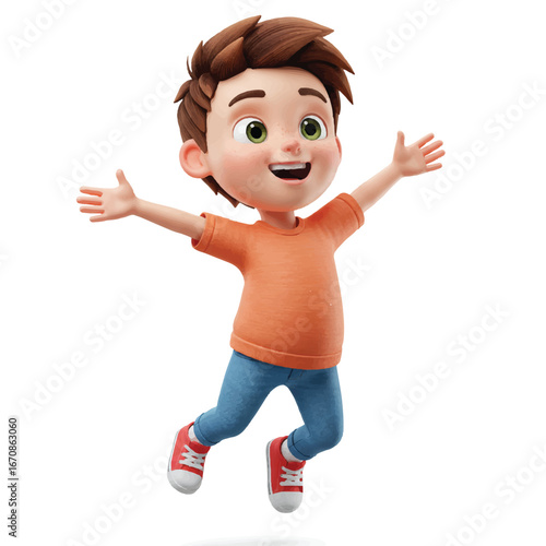 Cheerful cartoon boy jumping with arms outstretched in mid-air against a clean white background with a joyful mood.