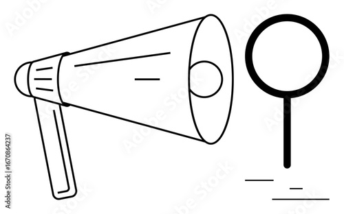 Megaphone beside magnifying glass, symbolizing communication, promotion, analysis, search, feedback, advertising, and exploration. Ideal for branding marketing concepts and simple landing page