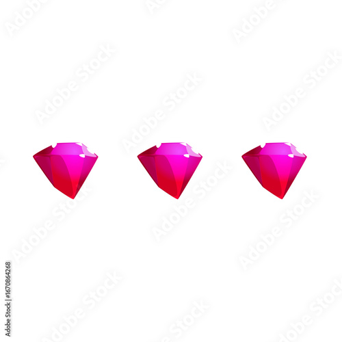 A row of three faceted magenta diamonds, a valuable treasure asset