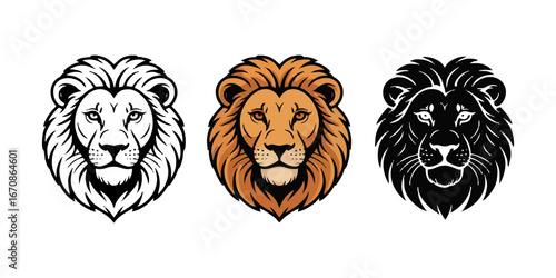 A majestic lion head illustration featuring textured mane in line art vibrant color design and silhouette format