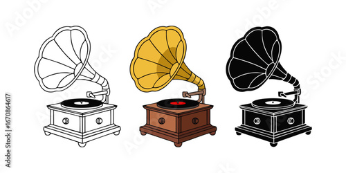 Creative retro antique gramophone designed with bold outline golden horn wooden base and clean silhouette style
