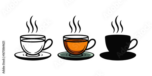 Hot tea cup placed on matching saucer with rising steam illustrated as outline colorful version and solid silhouette