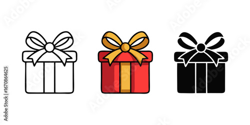 Wrapped present box tied with glossy ribbon bow shown in bold contour version colorful tones and silhouette format